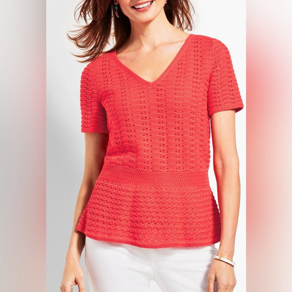 NWOT Women’s TALBOTS DOUBLE-V CROCHET PEPLUM SWEATER Coral Short Sleeve Size S. - Picture 2 of 8
